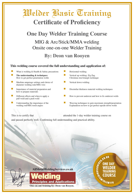 Welding course certificate on successful completion.